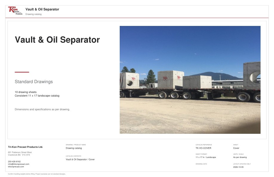 Cover sheet of the Vault & Oil Separator standard drawings
